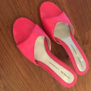 Chinese Laundry hot pink faux silk mules